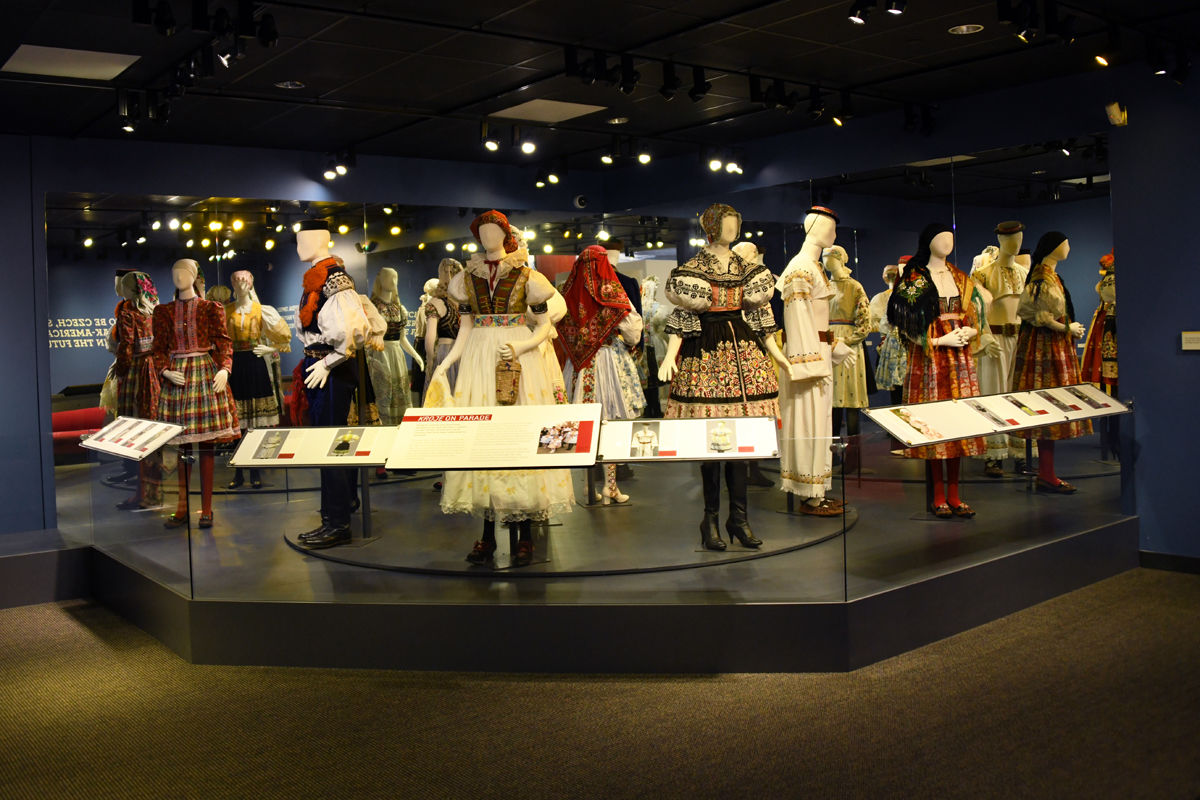 050 Beautiful kroje on a carousel at the Czech and Slovak Museum.JPG